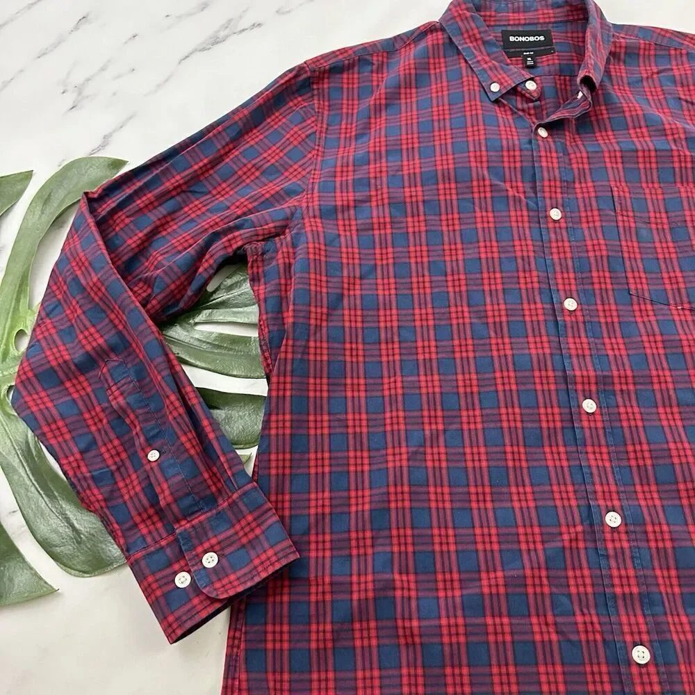 Bonobos Mens Button Up Shirt Size XL Red Blue Plaid Silm Fit Long Sleeve - Picture 4 of 12